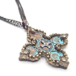 Bronze Tone Patina Rhinestone Cross Pendant Multi-Strand Necklace Glass Beads